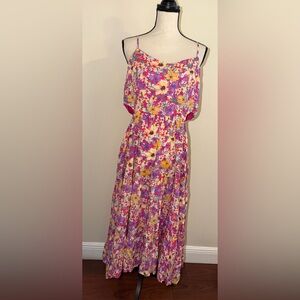 Women's Pink Floral Maxi Dress with Purple and Yellow Accents